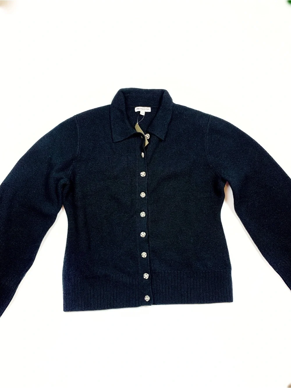 J.Crew Milano Stitch Sweater XL Black Collared Button Front Cinched Waist Luxury